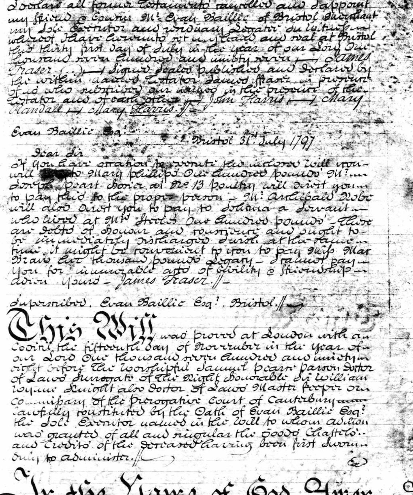 The executor clause, the letter to Evan Baillie and the probate clause, 1797 to 1798