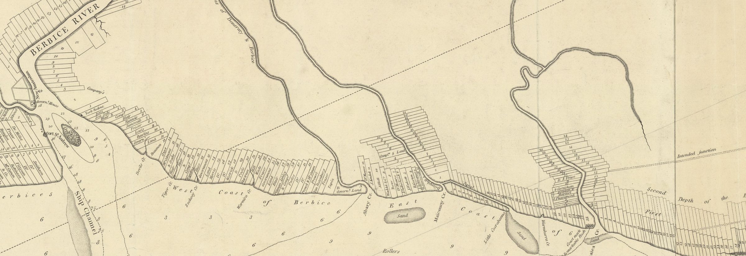 The West Coast of Berbice on Walker’s 1798 chart, with the proprietor’s name on each numbered lot